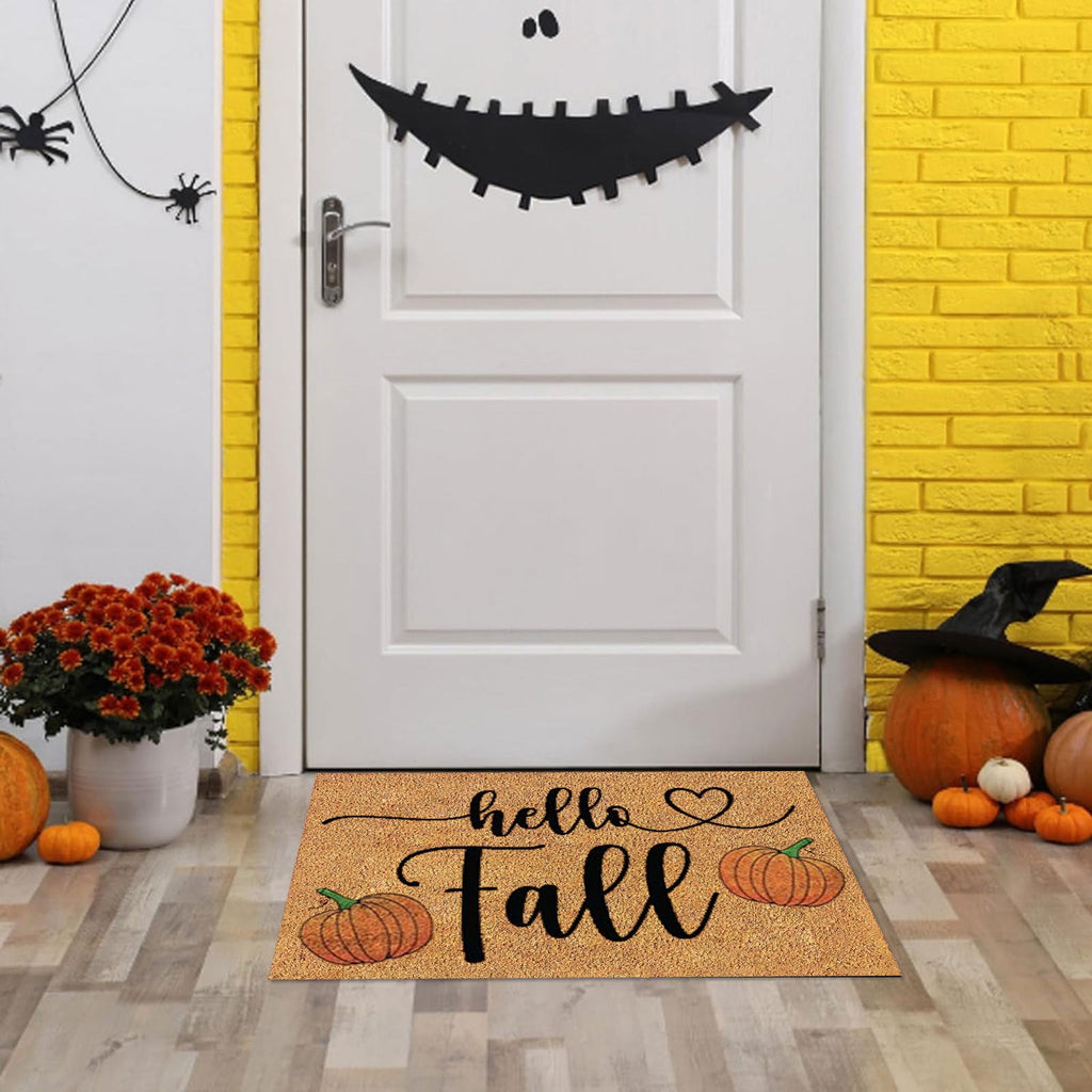 Uanit Fall Coir Doormat Welcome Pumpkins Door Mat Non-Slip Farmhouse Floor Mats Autumn Decorative Entrance Door Rugs for Halloween Thanksgiving Indoor Outdoor Bathroom Porch Decor, 15.7 x 23.6 Inch