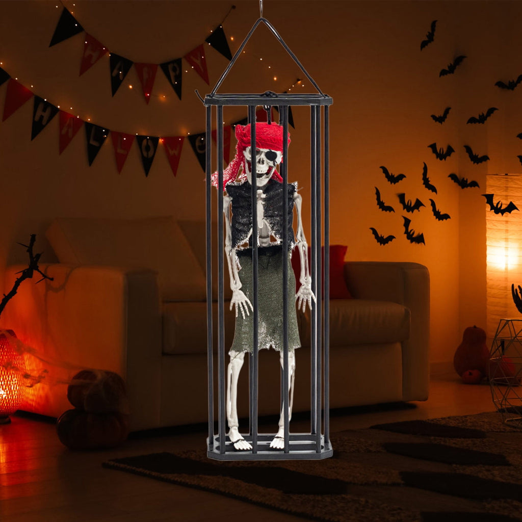Konghyp Halloween Hanging Decoration Cage Ghost, Motion Activated Skeleton Prisoner, Creepy Party Prop for Haunted House, Animated Scare Device, Unique Halloween Decor