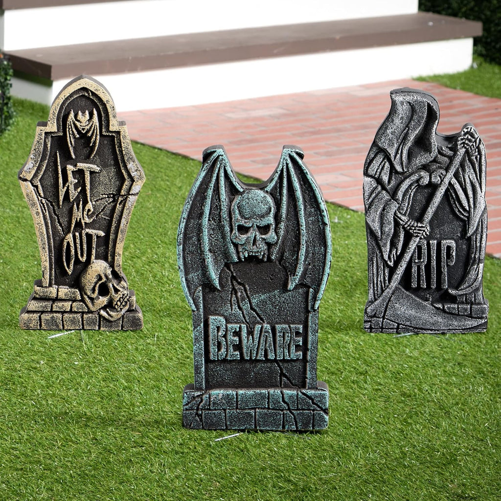 Joyfy 17" Halloween 5 Pack Tombstone Decorations, Foam RIP Graveyard Signs Cemetery Headstones Scary Outdoor Indoor Halloween Decor with 12 Metal Stakes for Easy Set Up, Waterproof for Garden Lawn