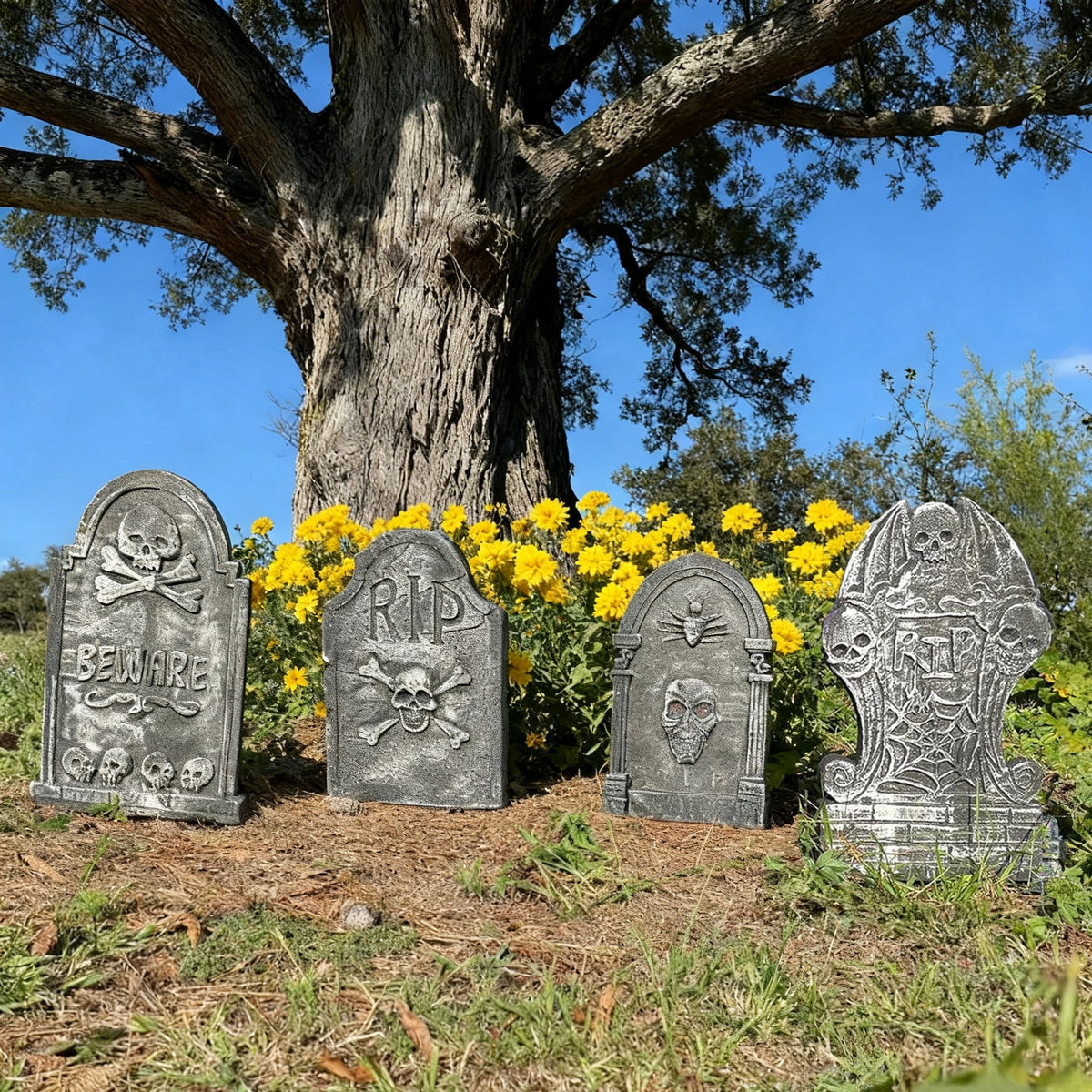 Gamexcel 3-Pack Large 17" Halloween Foam RIP Tombstones with Stakes - Graveyard Lawn Decorations for Spooky Haunted House Decor
