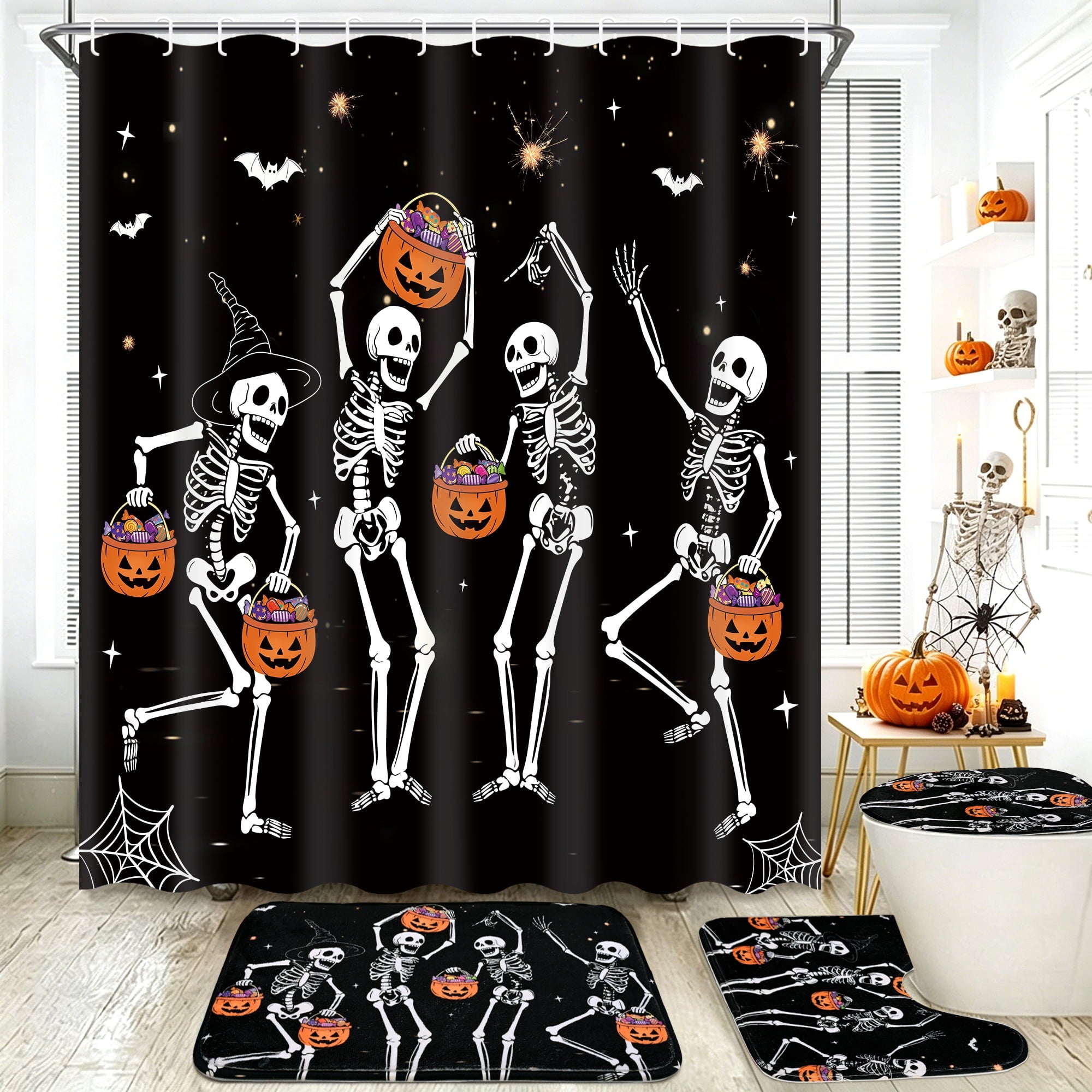 FRAMICS Halloween Shower Curtain Sets with Rugs, 16 Pc Pumpkin Spooky Ghost Bathroom Sets, Black Waterproof Fabric Shower Curtain with 12 Hooks and Toilet Rugs