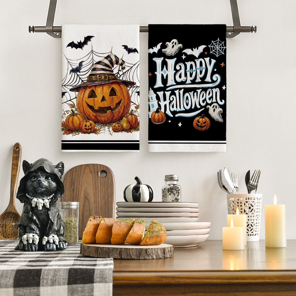 Sm:)e Pumpkin Ghost Bat Happy Halloween Dish Towels Set of 4, 18x26 Inch, Seasonal Holiday Hand Towels for Kitchen and Dining Table
