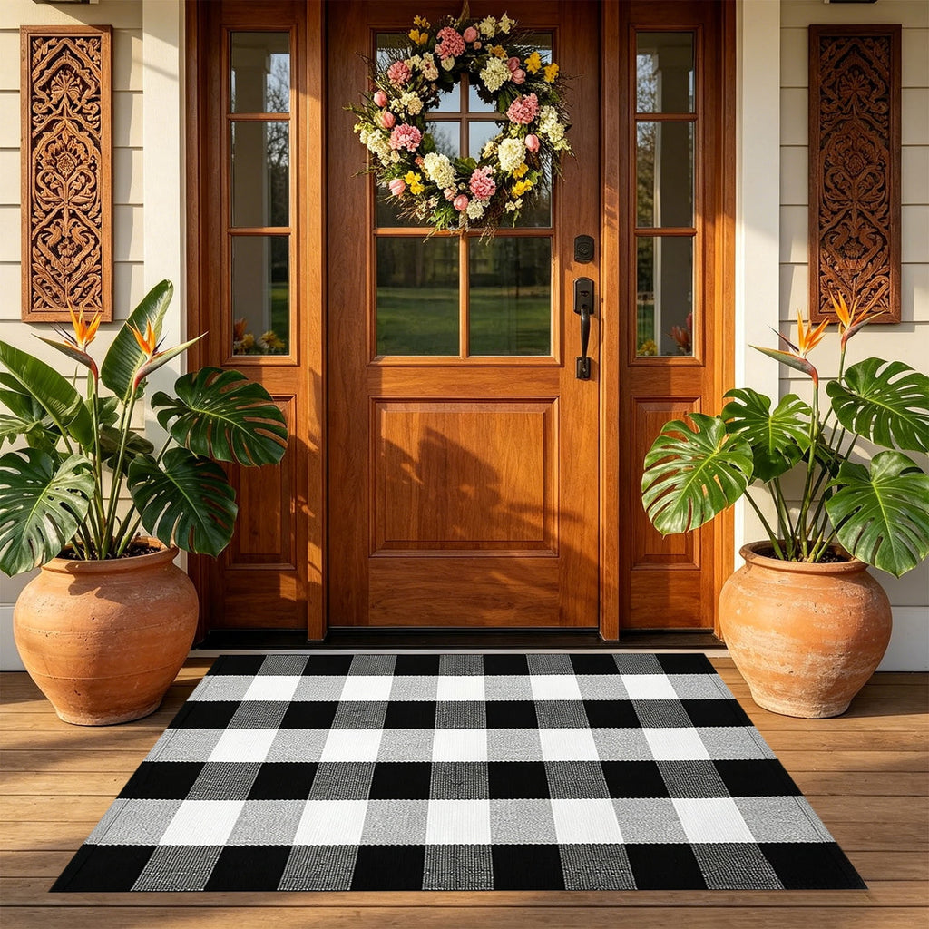 Dpityserensio Halloween Doormat Black Bat and Moon with Striped Border Non-Slip Washable Indoor Outdoor Rug, Vintage Fall Decor