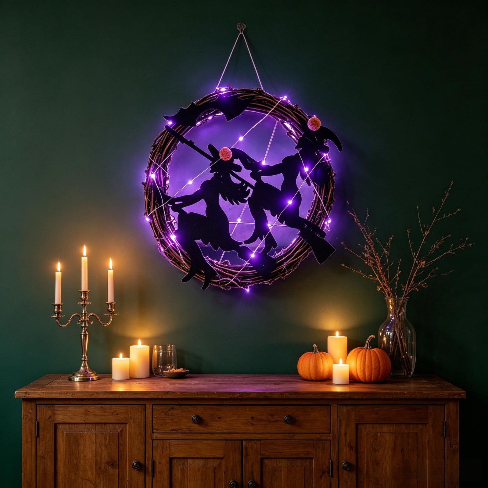 WWC Halloween Wreath, Orange LED Pumpkin and Bats Wreath, Gothic Halloween Decorations Wreath for Front Door, Indoor Outdoor Party Decor