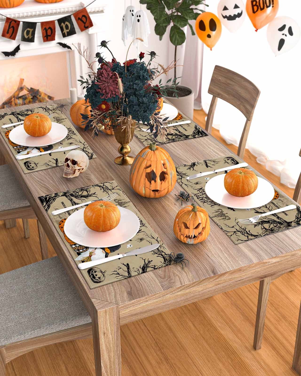 Halloween Placemats Set of 4 Gnome Pumpkin Place Mats Fall Placemat Black Bats Crow Ghosts Cobwebs Castle Table Mats for Dining Kitchen Table Holiday Dinner Party Home Decorations 13x19 Inch