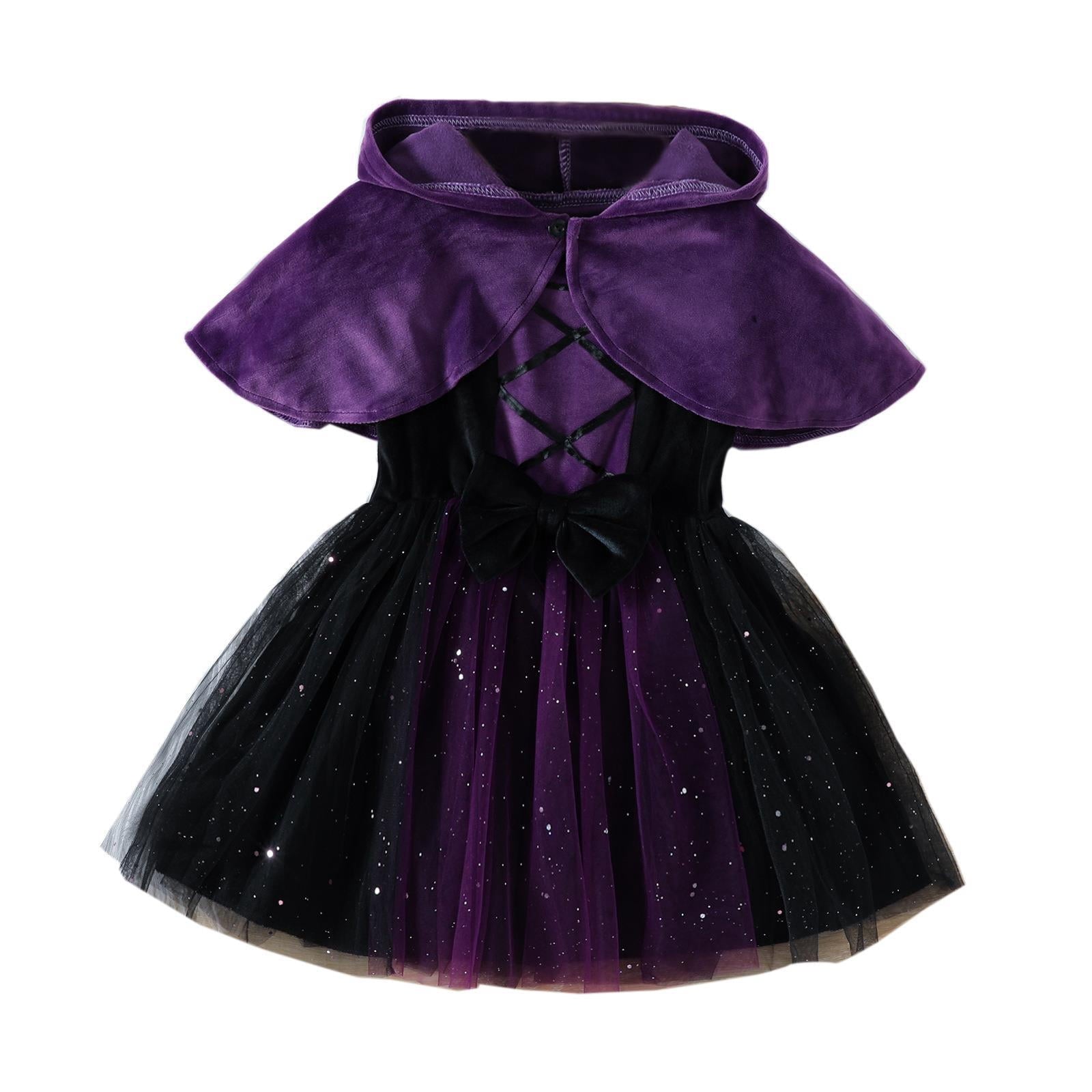WIBACKER 1-6T Toddler Girls Witch Costume Kids Halloween Party Cosplay Ball Gown Tulle Dress with Plush Hooded Cape Shawl Set