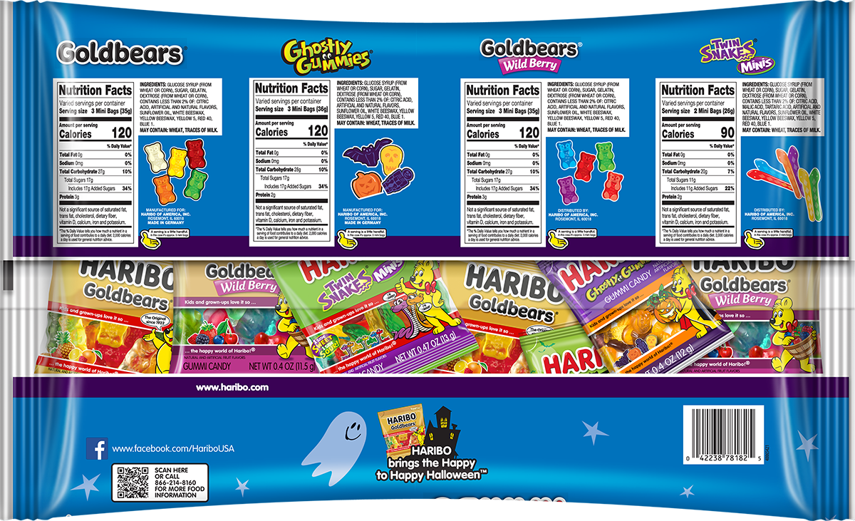 HARIBO Happy House Mix Halloween Gummy Candy Mini Pouches, 80ct, 33.4oz Laydown Bag