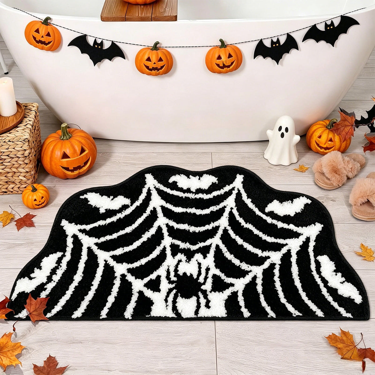 Taotanxi Spider Web Bath Mat, Halloween Bathroom Rug 15x23 Inches, Halloween Rugs Bathroom Decor, Black Gothic Bath Mat, Ultra Soft Great Absorbency