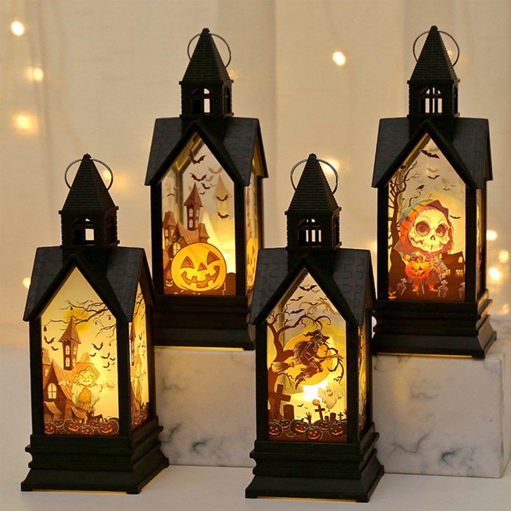 4 Pack Halloween Lanterns Portable Orange Candle LED Halloween Lamp Lights, Spooky Skeleton Owl Bat Castle Flame Lights Decorative Hanging Lanterns for Indoor Outdoor Home Party Porch House Bar