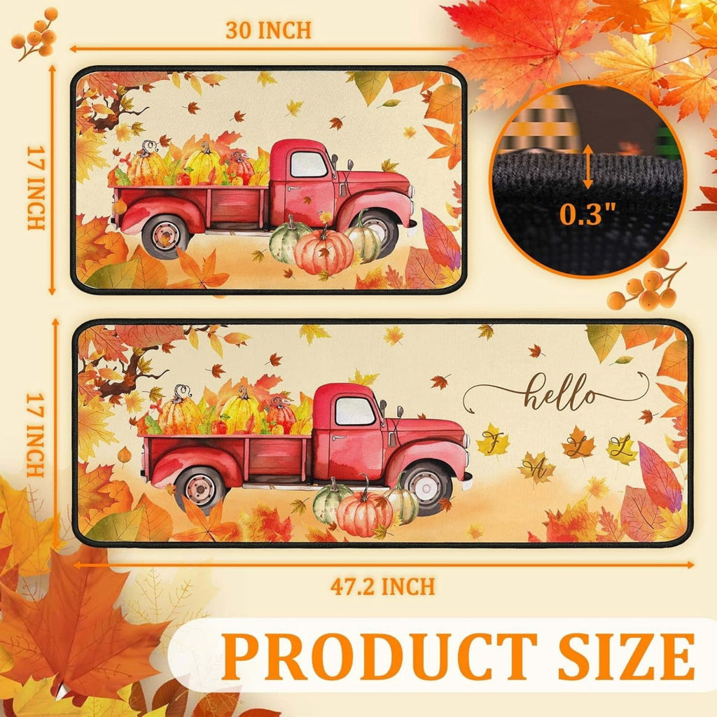 RBCKVXZ 2 Pieces Fall Kitchen Rugs Halloween Thanksgiving Pumpkin Sunflower Orange Maple Leaf Mat Floor Rug for Holiday Autumn Home Decor, 17 x 29 Inches, 17 x 47 Inches
