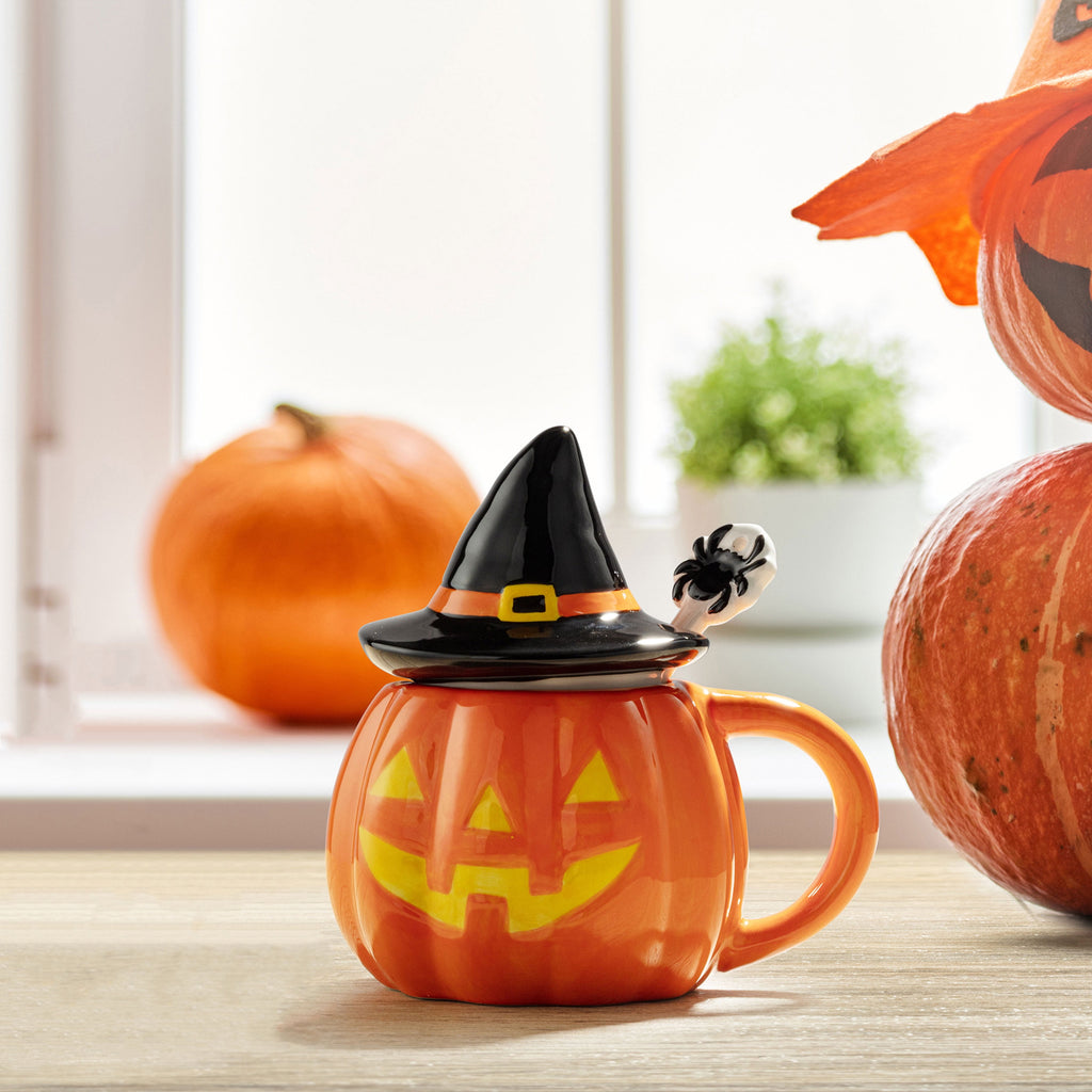 Mr. Halloween 18 oz Lidded Jack-O-Lantern Ceramic Mug with Spoon