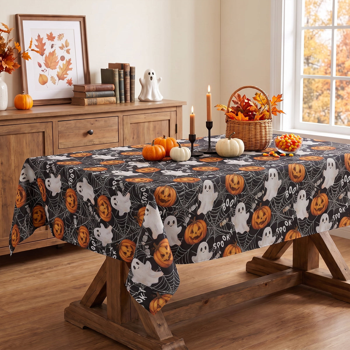 Sm:)e Spooky Ghost Pumpkin Spider Web Halloween Tablecloth 60x84 Inch, Wrinkle-Resistant & Machine Washable Table Cover for Dining Decor, Rectangle