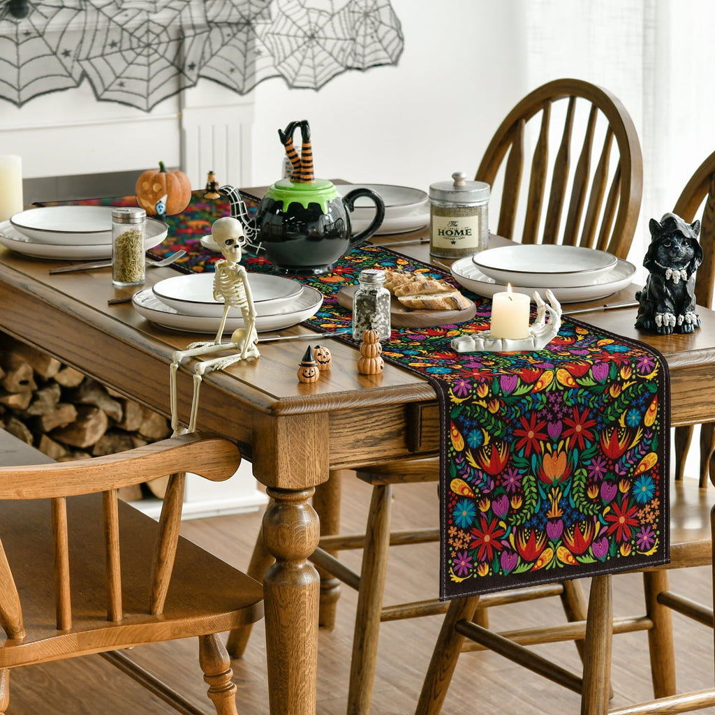 Sm:)e 13"x72" Black Floral Dia De Los Muertos Serape Table Runner, Polyester, Mexican Fiesta Design, Party Kitchen Dining Decoration