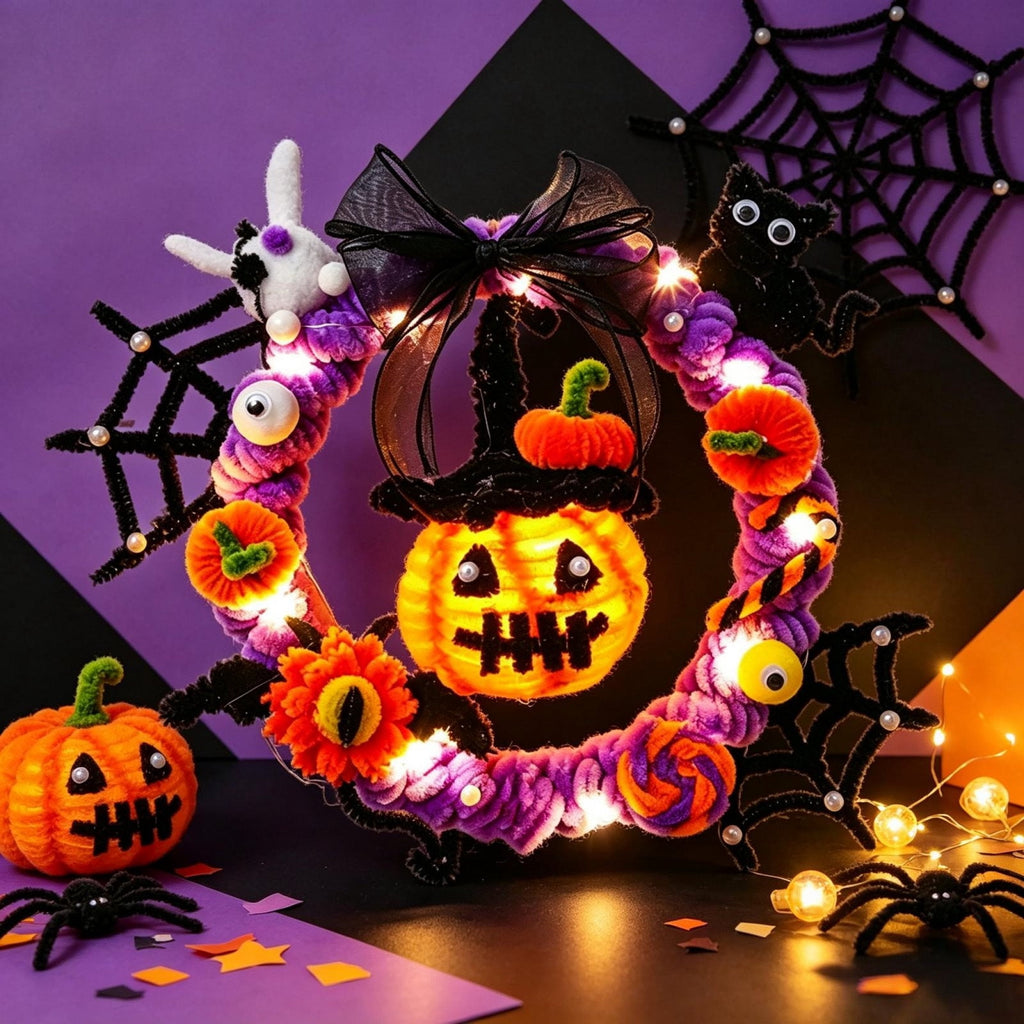 WWC Halloween Wreath, Orange LED Pumpkin and Bats Wreath, Gothic Halloween Decorations Wreath for Front Door, Indoor Outdoor Party Decor