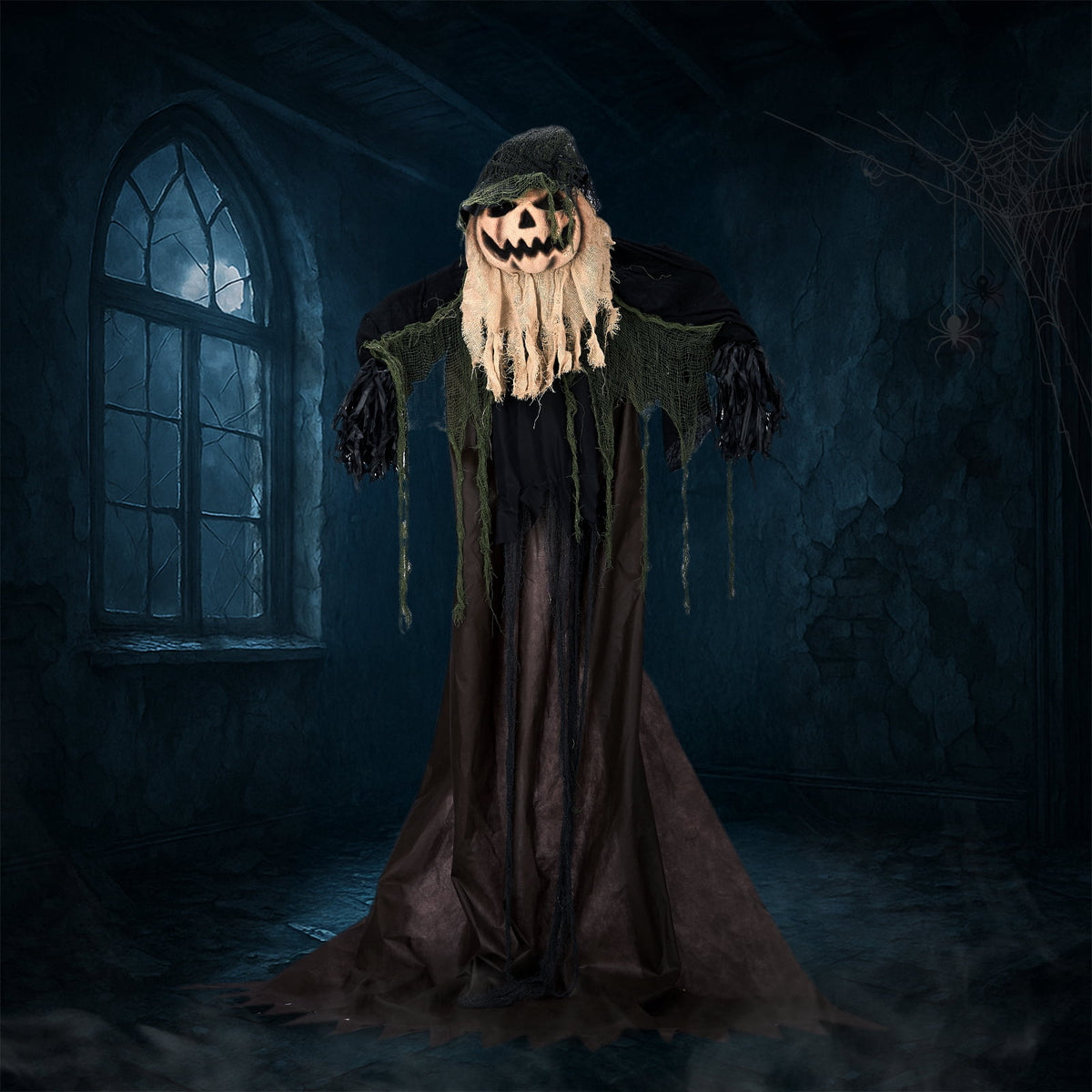 UBesGoo 6' Ghost with The Pumpkin Head Halloween Animated Animatronic Decoration, Halloween Pumpkin Skeleton Outdoors
