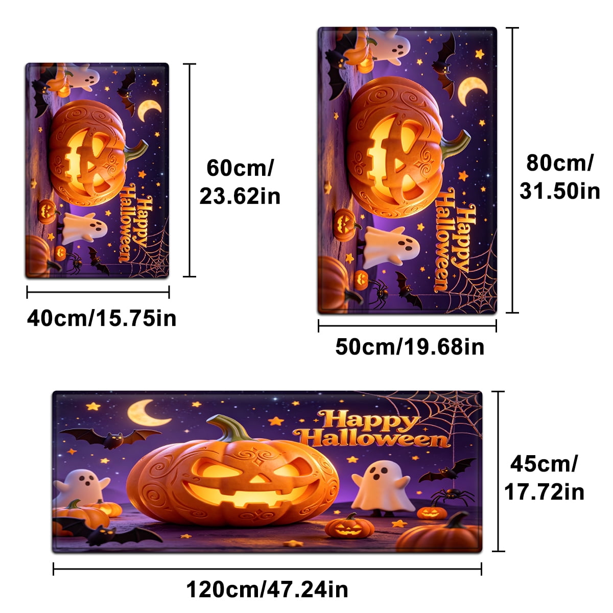 YIMEIS Halloween Pumpkin Lantern 3Pcs Flannel Mat & Kitchen Rugs Set,16''×24'' 20''×30'' 17''×47'' Inches,Soft Non-slip for Home Bathroom
