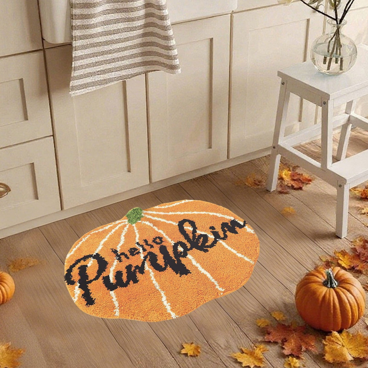 Fall Bathroom Rug Cute Pumpkin Shape Bath Mat Autumn Orange Non Slip Shower Rugs Foot Mat Front Door Mat Carpet Floor Rug for Kitchen Bedroom Living Room Family Decor