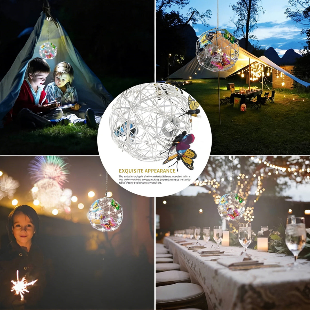 Hanging Solar Light Round Ball with Colorful Butterfly with Weaving String Special Gift for Garden Patio Gazebo Decor Camping