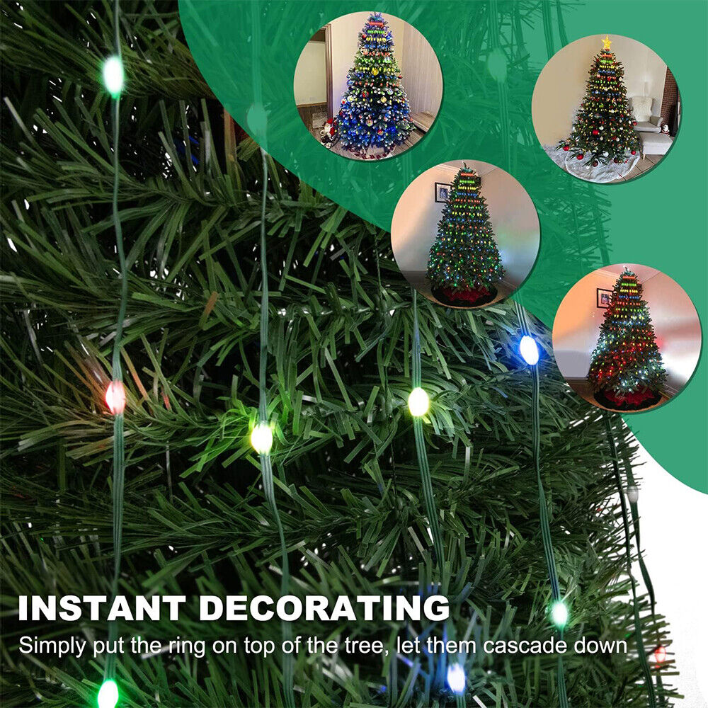 IC ICLOVER Christmas Tree String Lights Decorations with Ring Smart APP, 200 LED Waterfall Lights IP65 Waterproof Multi-Modes with Remote Color Changing Lights for Wedding Yard Party Home Holiday