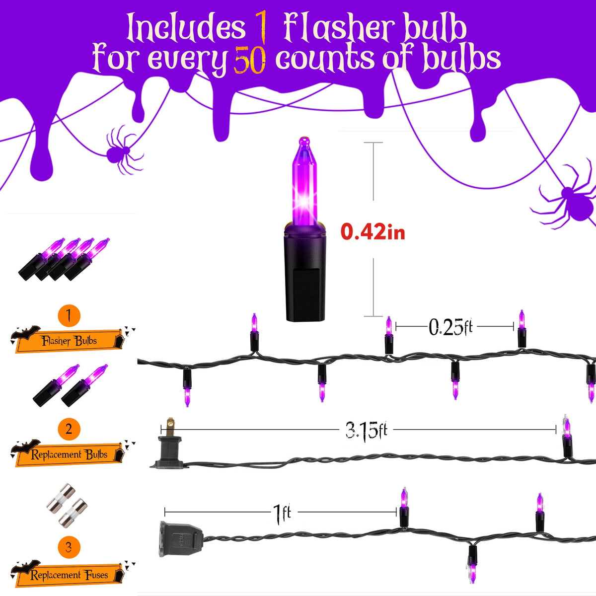 DAYBETTER Halloween String Lights, 32.8ft 100ct Incandescent Mini Lights, with 100 Count Orange Waterproof Bulbs, for Party, Yard, Christmas Tree, Halloween Decorations