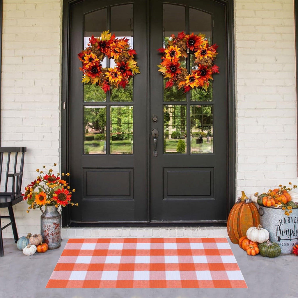 Fall Plaid Mat, 16*24" Autumn Front Door Decor Mat, Cotton Washable Hand-Woven Door Mat for Layered Doormat, Autumn Halloween Thanksgiving Carpet for Porch, Entryway