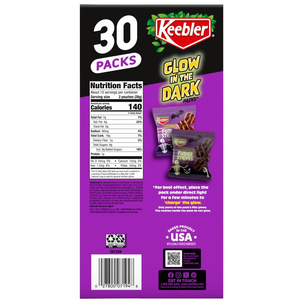 Keebler Spookie Fudge Stripes Minis, Halloween Candy, Chocolatey Cookies, 30 Glow-in-the-Dark Packs, 15 oz