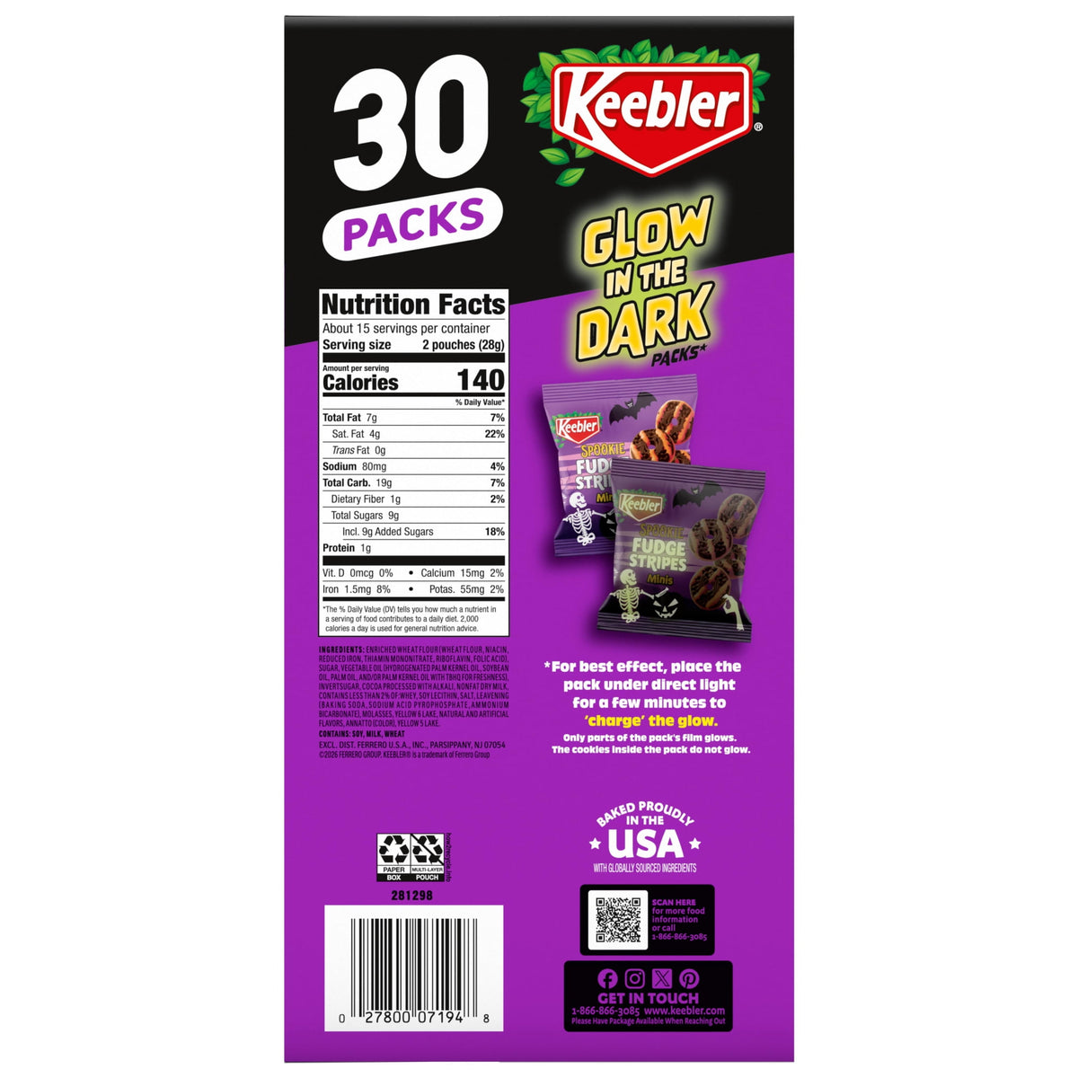 Keebler Spookie Fudge Stripes Minis, Halloween Candy, Chocolatey Cookies, 30 Glow-in-the-Dark Packs, 15 oz