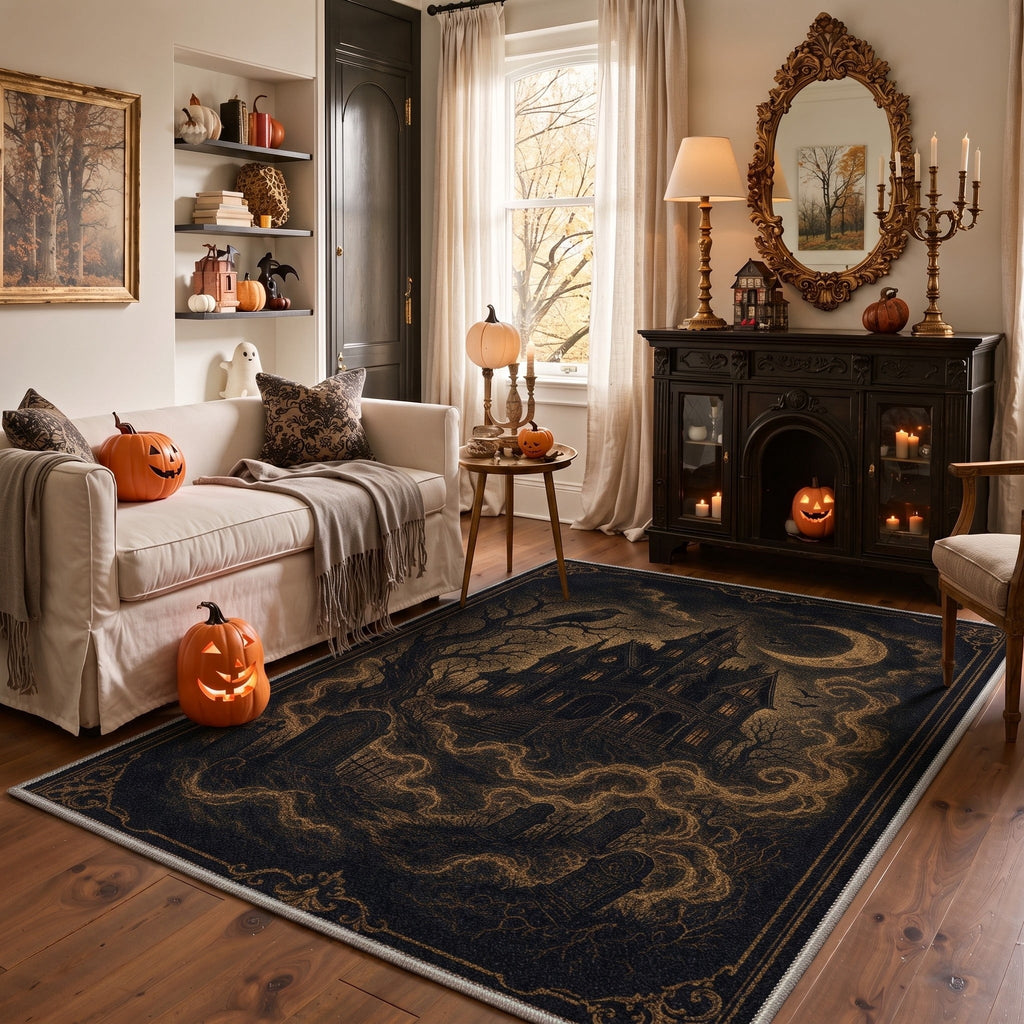 GENIMO 2'x3' Halloween Doormat, Washable Non Slip Soft Gothic Castle Outdoor Door Mat for Front Door Covered Porch Patio Entryway, Antique Gold