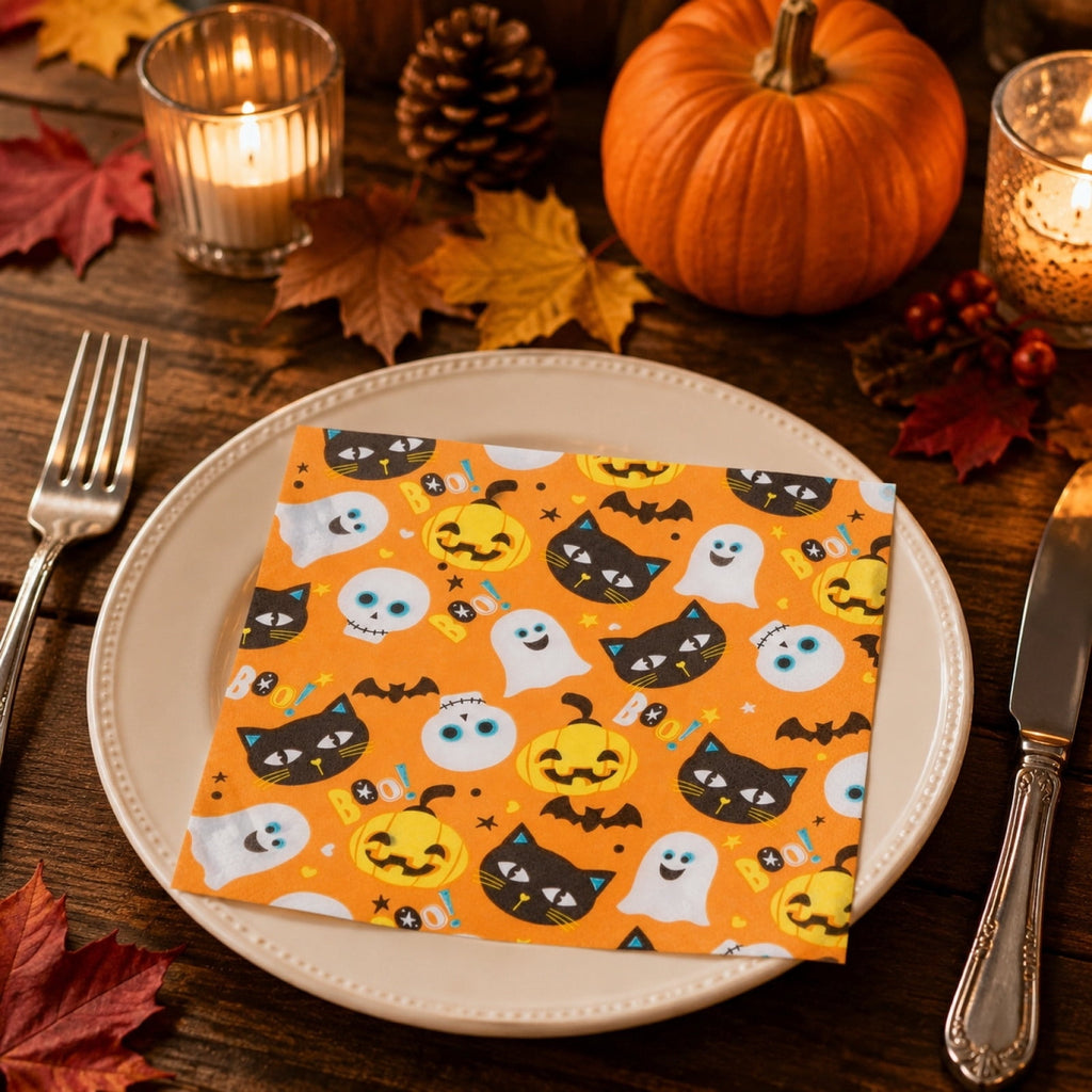 OCCOA Halloween Disposable Printed Paper Napkins 20 Count, Cute Spooky Pattern Party Table Decor Supplies, Indoor Outdoor Holiday Dining Decoration, B