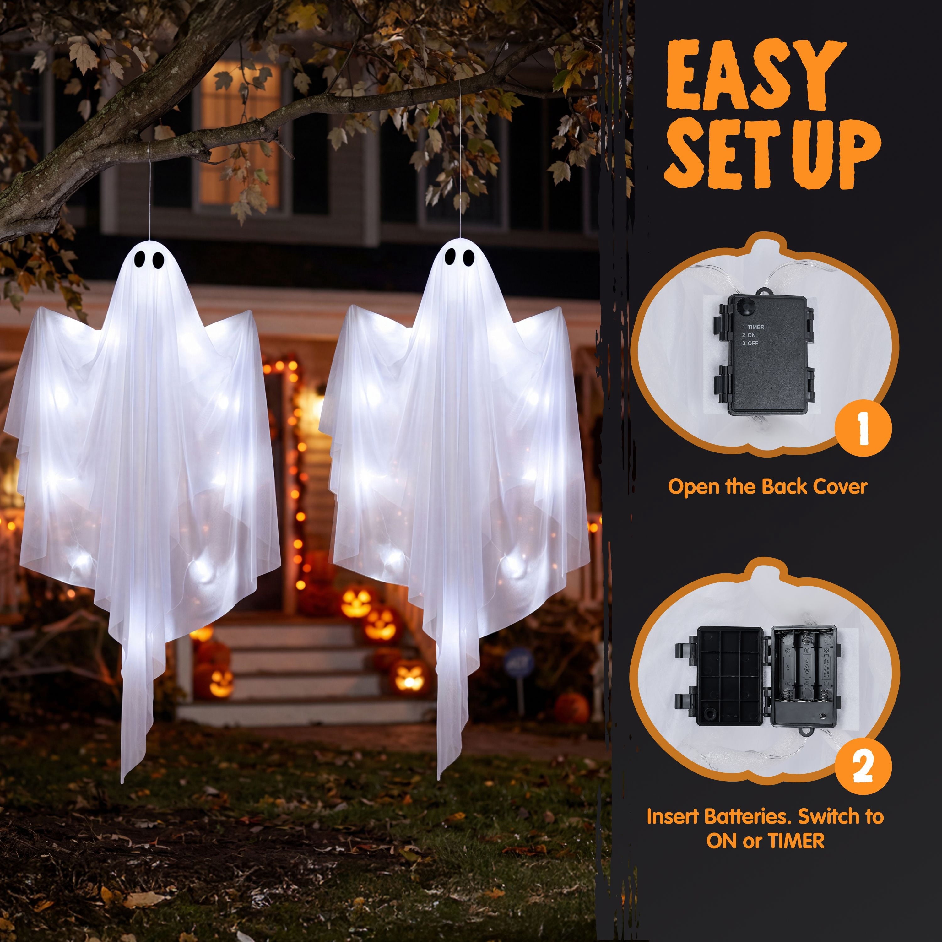 Joyfy 47inch Halloween Decorations Outdoor Hanging Ghost,Light up White Ghosts with Spooky Warm White LED Light,Halloween Outdoor Yard Porch Decorations,Haunted House Decorations