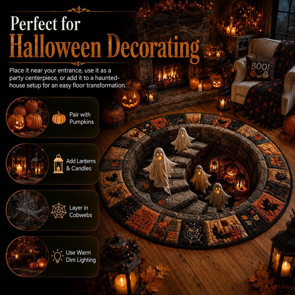 Halloween Staircase Optical Illusion Round Rug, Spooky 3D Floor Mat with Ghosts Pumpkins, Soft Non-Slip Carpet for Living Room Entryway – 4 Sizes