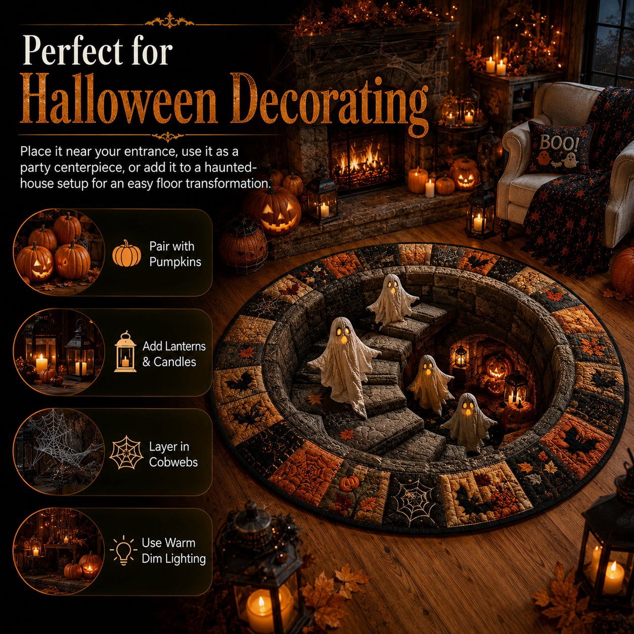 Halloween Staircase Optical Illusion Round Rug, Spooky 3D Floor Mat with Ghosts Pumpkins, Soft Non-Slip Carpet for Living Room Entryway – 4 Sizes