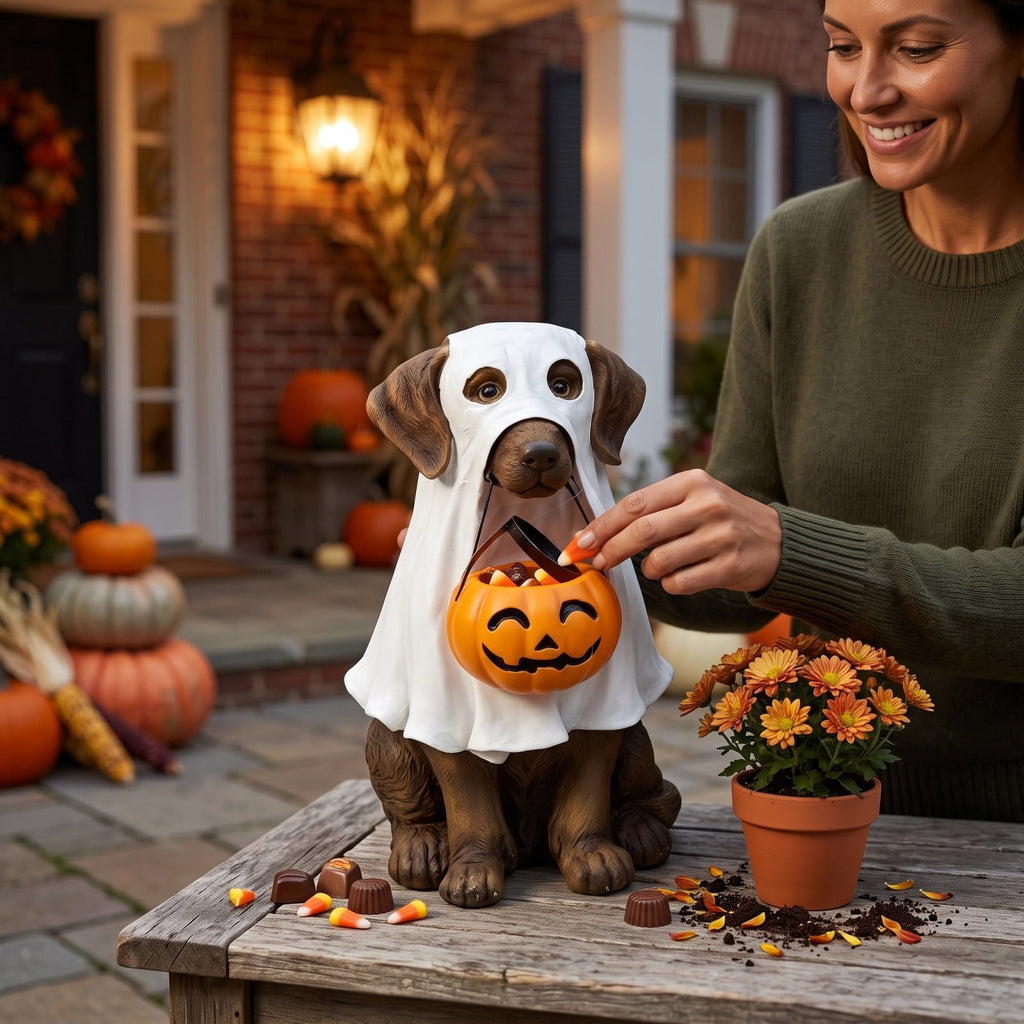 Clearance Halloween Schnauzer Bat Figurine with Ghost Bucket, 8 inch Resin Cute Dog Gifts Tabletop Decor