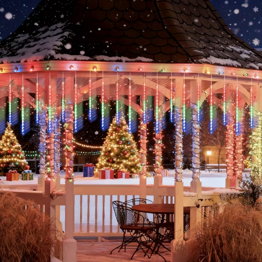 Multicolor Meteor Shower Lamp, Outdoor Solar Powered Icicle Lamp, Snowflake Falling Rain String Lamp, Christmas Tree Lamp, 10 Tubes, 11.8 Inches, 300 Led, Suitable For Halloween, Holiday Parties