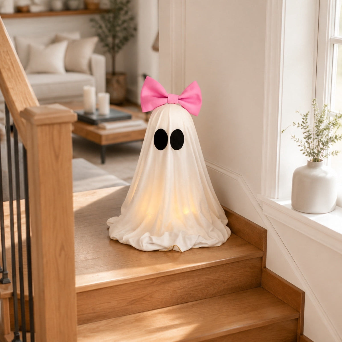 Pink Halloween Decor Ghost Candy Bowl Figurine with Bow and Scalloped Holder for Indoor Tabletop Decor and Party Favor Display