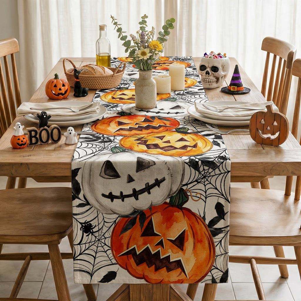 Smile Jack O Lantern Pumpkin Ghost Spider Halloween Table Runner 13 x 72 Inch