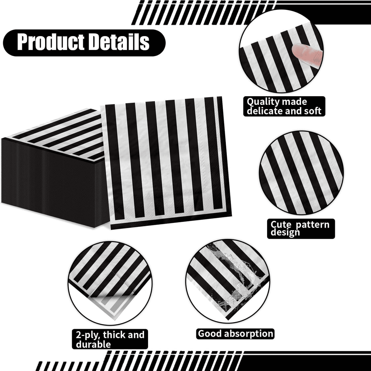 100 Pcs Black and White Striped Napkins, Black and White Party Supplies Black and White Paper Napkin Lunch Napkin for Halloween Party Birthday Baby Shower Wedding