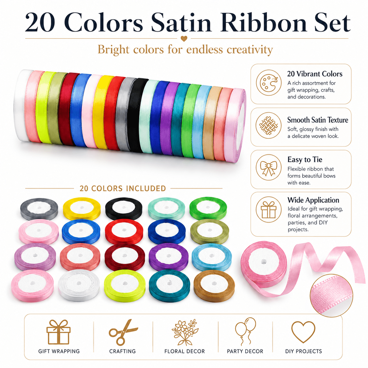 WLGJL 20 Colors 480 Yard Total, 0.4Inch x 24yds Each Rainbow Ribbon for Gift Wrapping, Crafts, Hair Bows Making, Party Decoration, Sewing, Floral Bouquets, Christmas
