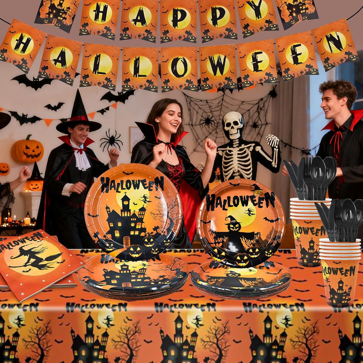 Halloween Party Supplies Decoration Tableware Set,114 Pcs Includes Plates, Napkin,Cup,Straw, Banners, Tablecloth.Halloween Disposable Dinnerware for Halloween Party Decorations,Serve 16