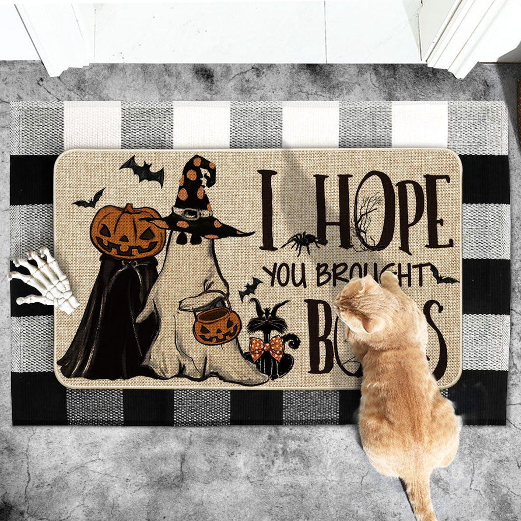 Sm:)e Polka Dot Black Cat, Jack-O'-Lantern, Ghost Halloween Welcome Doormat, 17x29 Inch