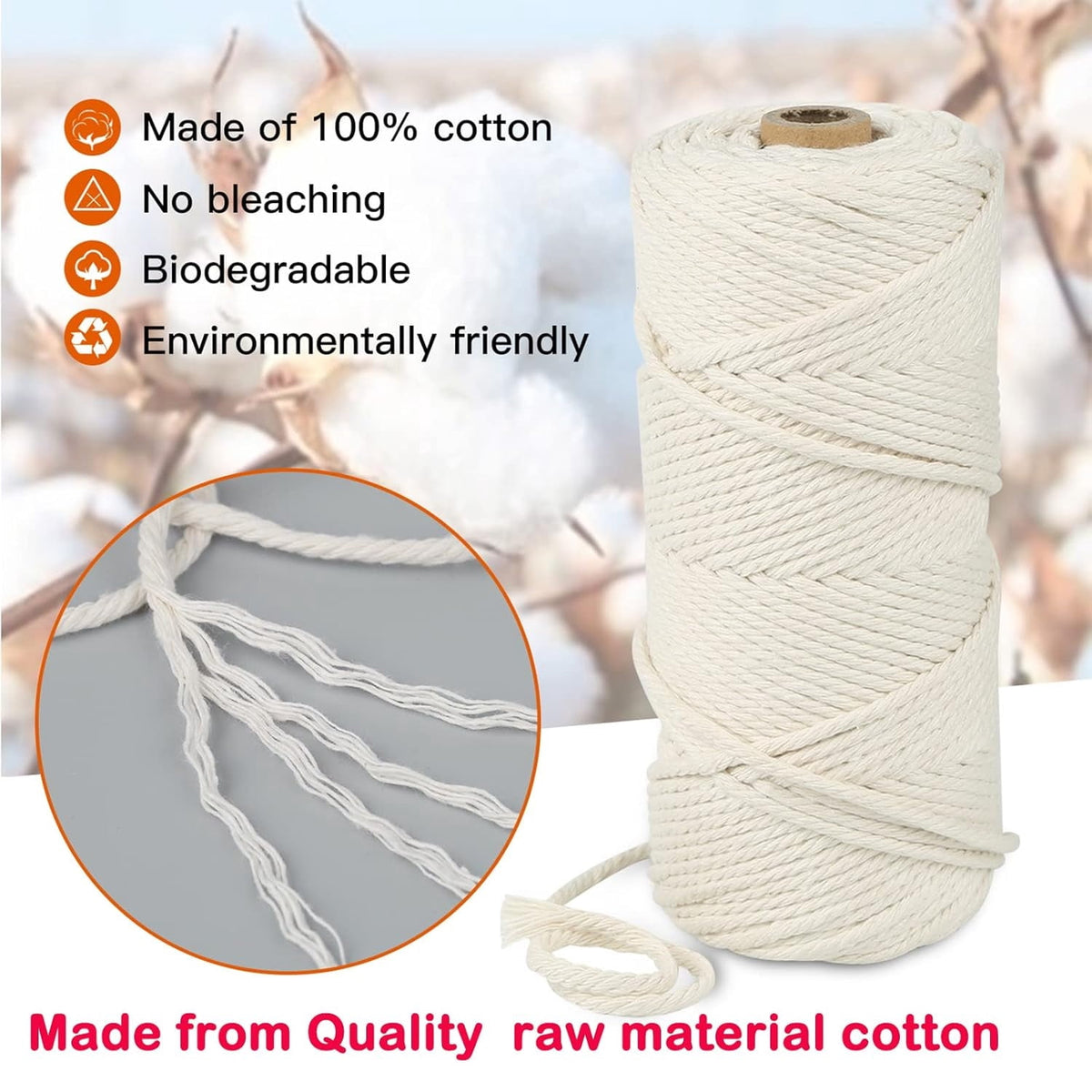 Beige 3mm Macrame Cord, 110 Yards Natural Cotton Cord, Macrame Rope Yarn for DIY Crafts, Wall Hangers, Plant Holders, Knitting, Wedding Decor (1 Roll)
