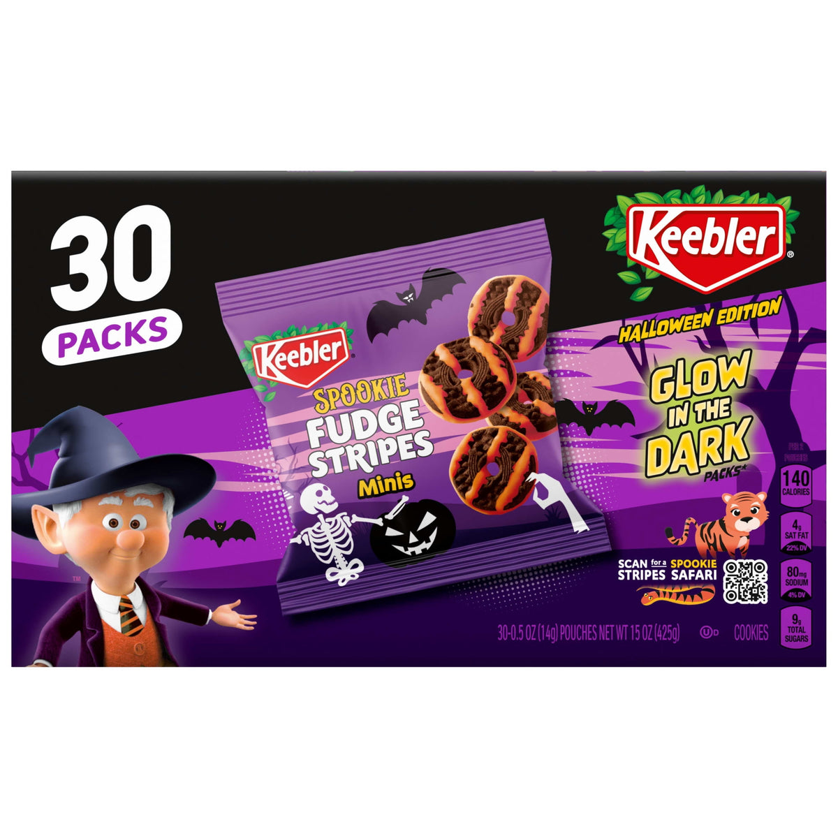 Keebler Spookie Fudge Stripes Minis, Halloween Candy, Chocolatey Cookies, 30 Glow-in-the-Dark Packs, 15 oz