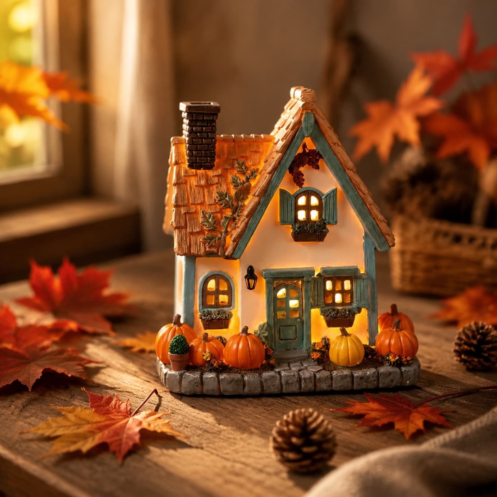 Fall Harvest Light Up Cottage House, LED Resin Pumpkin Autumn Halloween Thanksgiving Tabletop Decor with Warm Glow for Mantel Shelf Home Office Seasonal Decoration, 6" (1 PC)