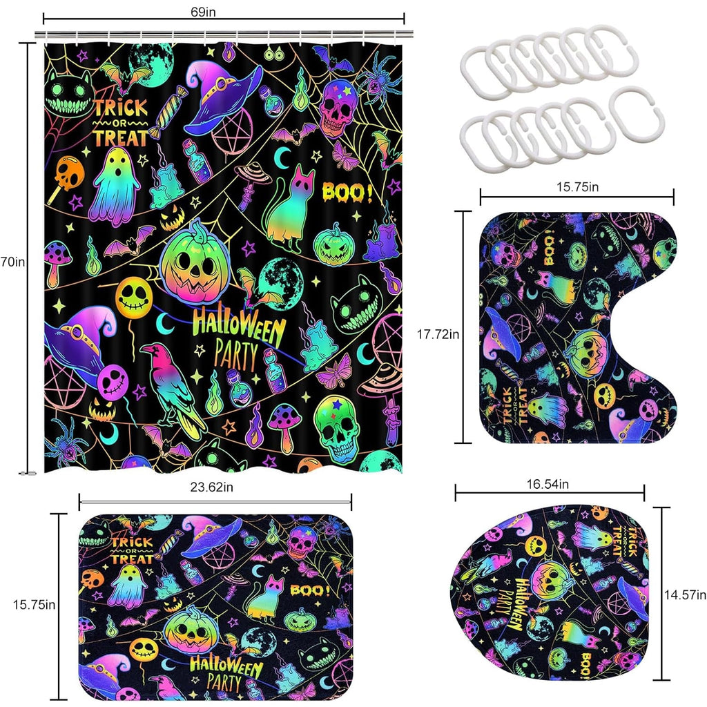 FRAMICS Halloween Shower Curtain Sets with Rugs, 16 Pc Pumpkin Spooky Ghost Bathroom Sets, Black Waterproof Fabric Shower Curtain with 12 Hooks and Toilet Rugs