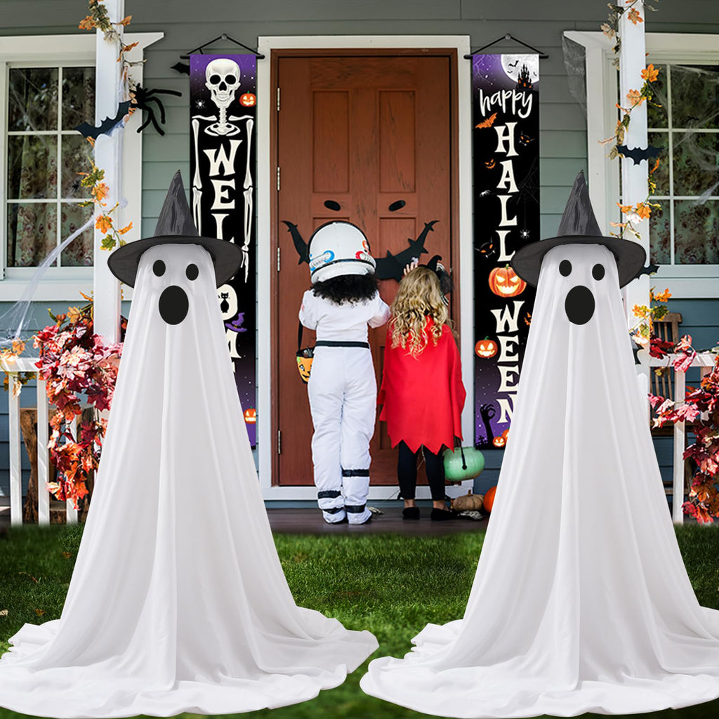 2Pcs Halloween Decorations Outdoor Ghost, DIY Ghost Kit Decor with Witch Hat Remote Control String Lights Halloween Decorations Indoor Halloween Ghost Lights for Porches Yards Gardens Lawn