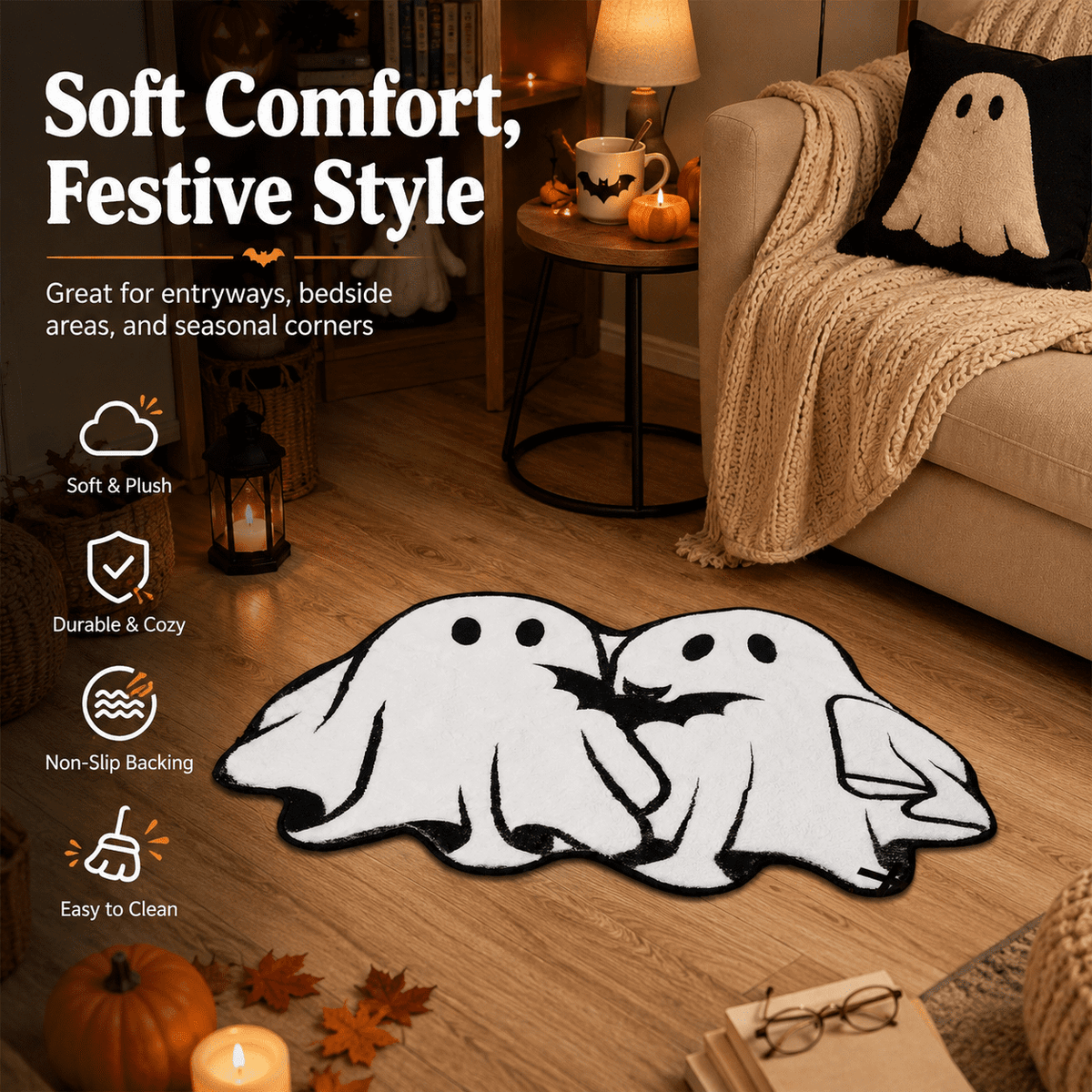 Halloween Door Mat Outdoor Boo Ghost Welcome Doormats for Front Door Non Slip Ghost Floor Mat Black White Stripe Halloween Rug for Entryway Front Porch Outside Decor