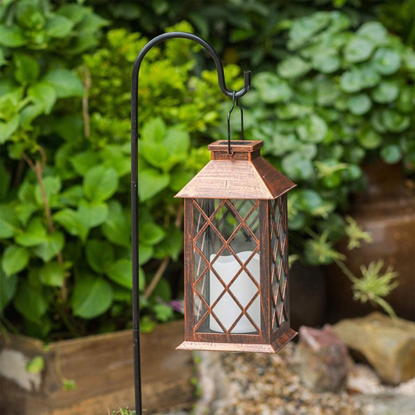 Wadada 13"Glass Solar Lantern Outdoor Waterproof,Hanging Lanterns Solar with Flickering Flameless Candle Mission Lights Decorative for Patio Front Porch Garden Backyard Outside Table(Antique Copper)