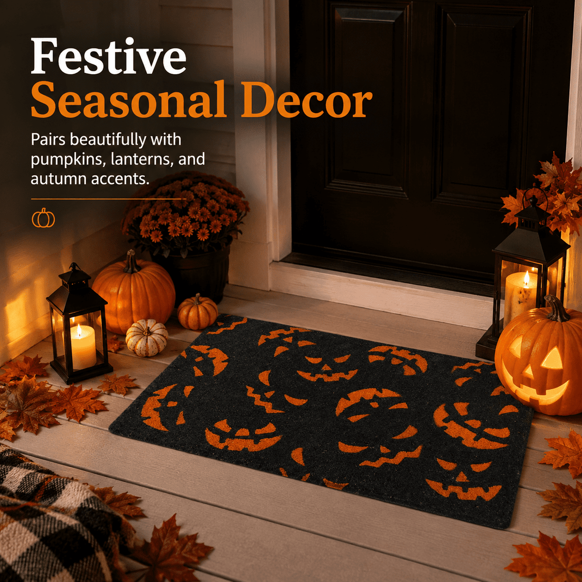 Doormat with Black and Orange Pumpkin Face Pattern, Durable Fiber Material for Outdoor Porch Front Door, Festive Halloween Decor,40 x 60 cm