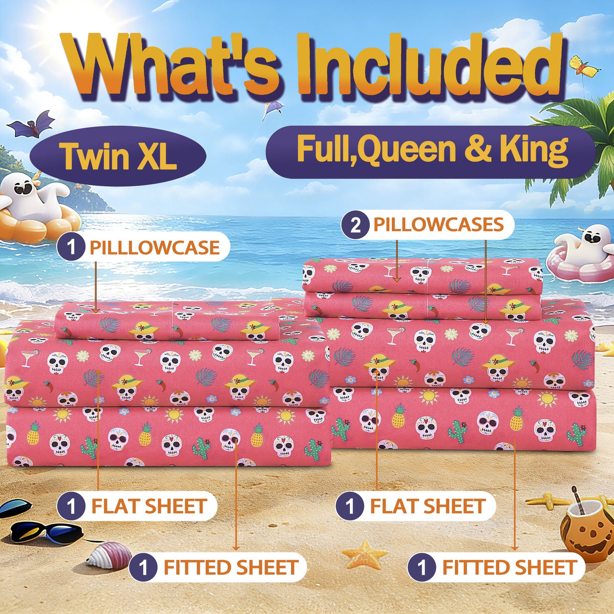 Summerween Crafted by Catherine Full 4-Piece Sheet Set, Black & White Nautical Ghosts