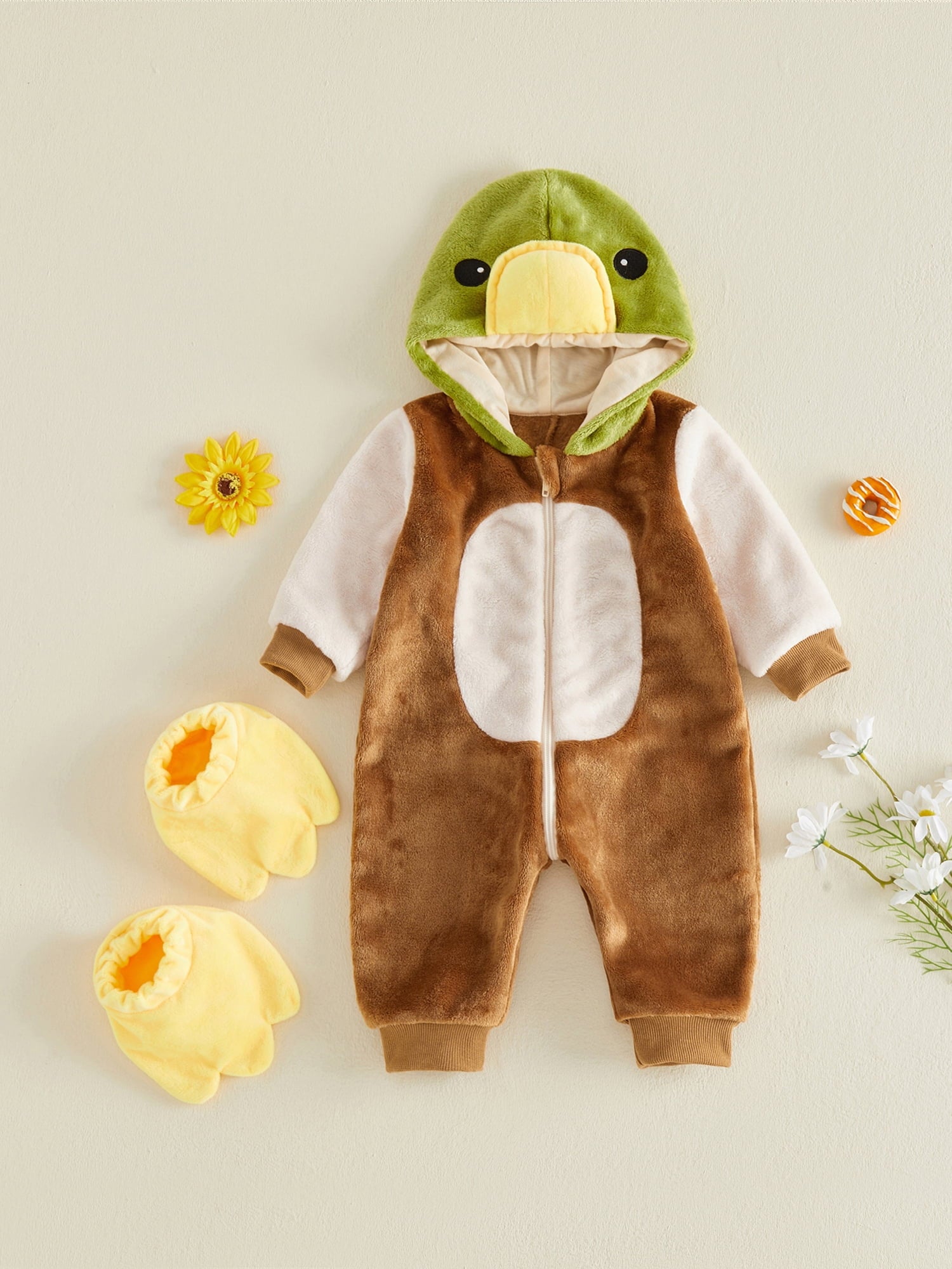RUINIXCW Toddler Baby Boy Girl Duck Costume Newborn Infant Halloween Animal Costume Warm Fall Winter Plush Jumpsuit Outfit Long Sleeve Hood Zip Up Romper Snowsuit Foot Covers